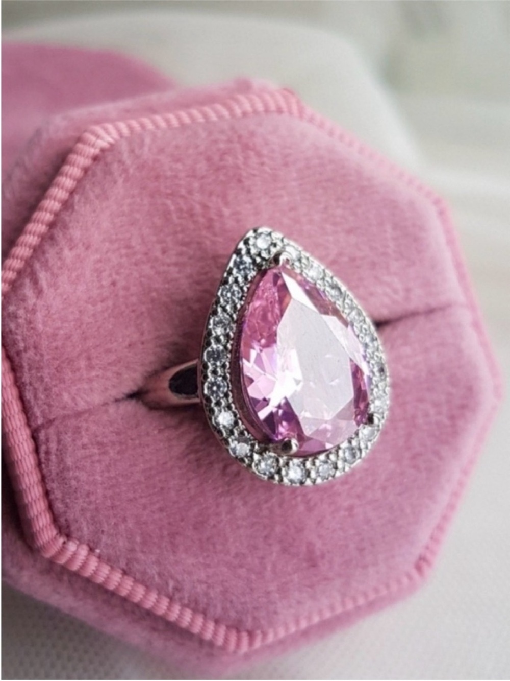 Swarovski Elements 925 Sterling Silver Large Pink Sapphire Teardrop Ring NEW